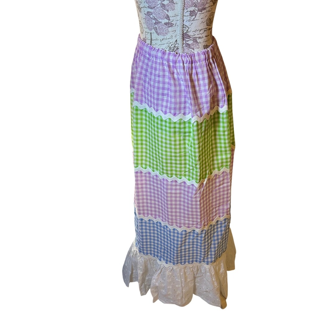 Gingham Patchwork Skirt Elastic Waist Ruffle Hem Pastel Cottagecorecore SZ 8/10